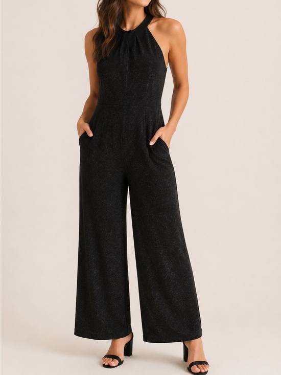 Nina Leonard Pants - Nina Leonard Black Shimmer Halter Wide-Leg Jumpsuit